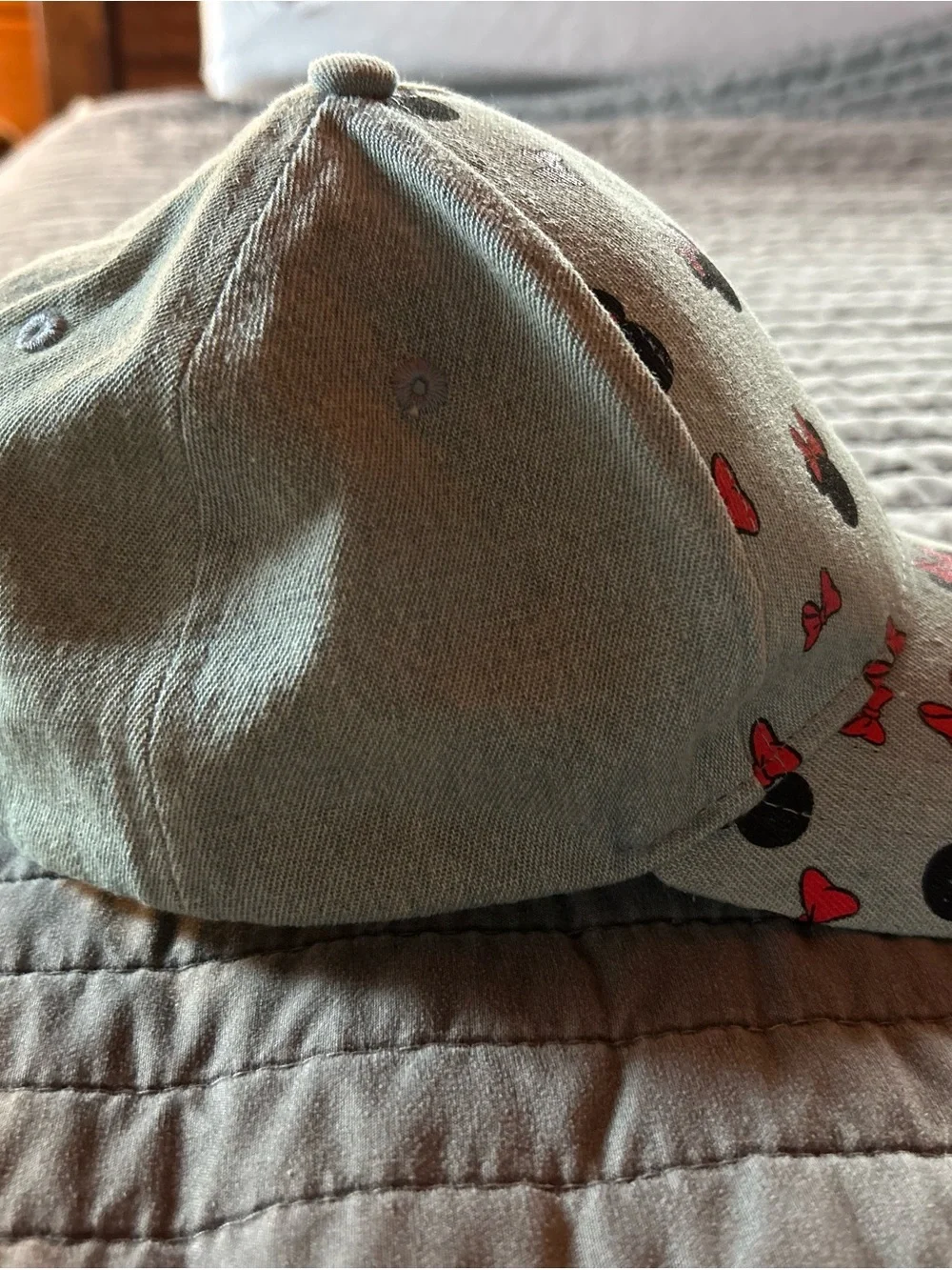 Disney Kids Light Blue Hat with Black Minnie Silhouettes and Red Bows
